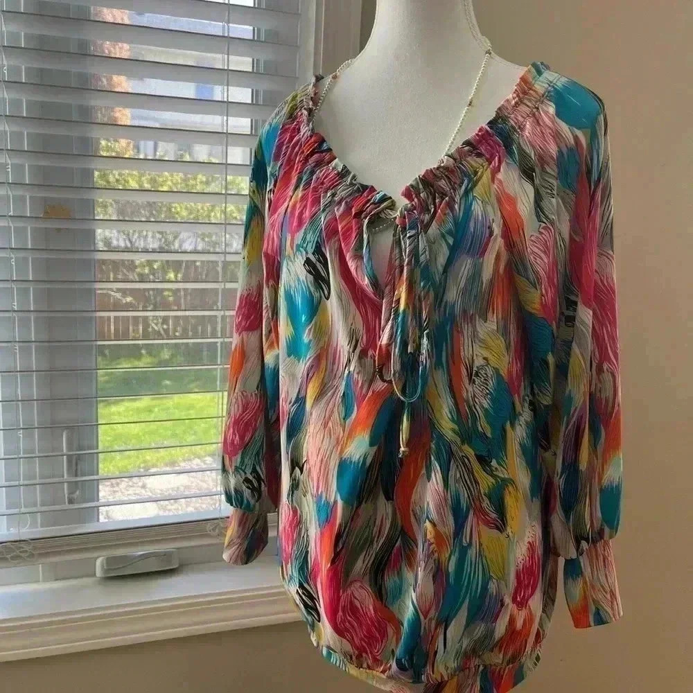 [M]Vintage Citrine  Abstract Rainbow Tulips L/S Pull Over Blouse Key Hole Neck